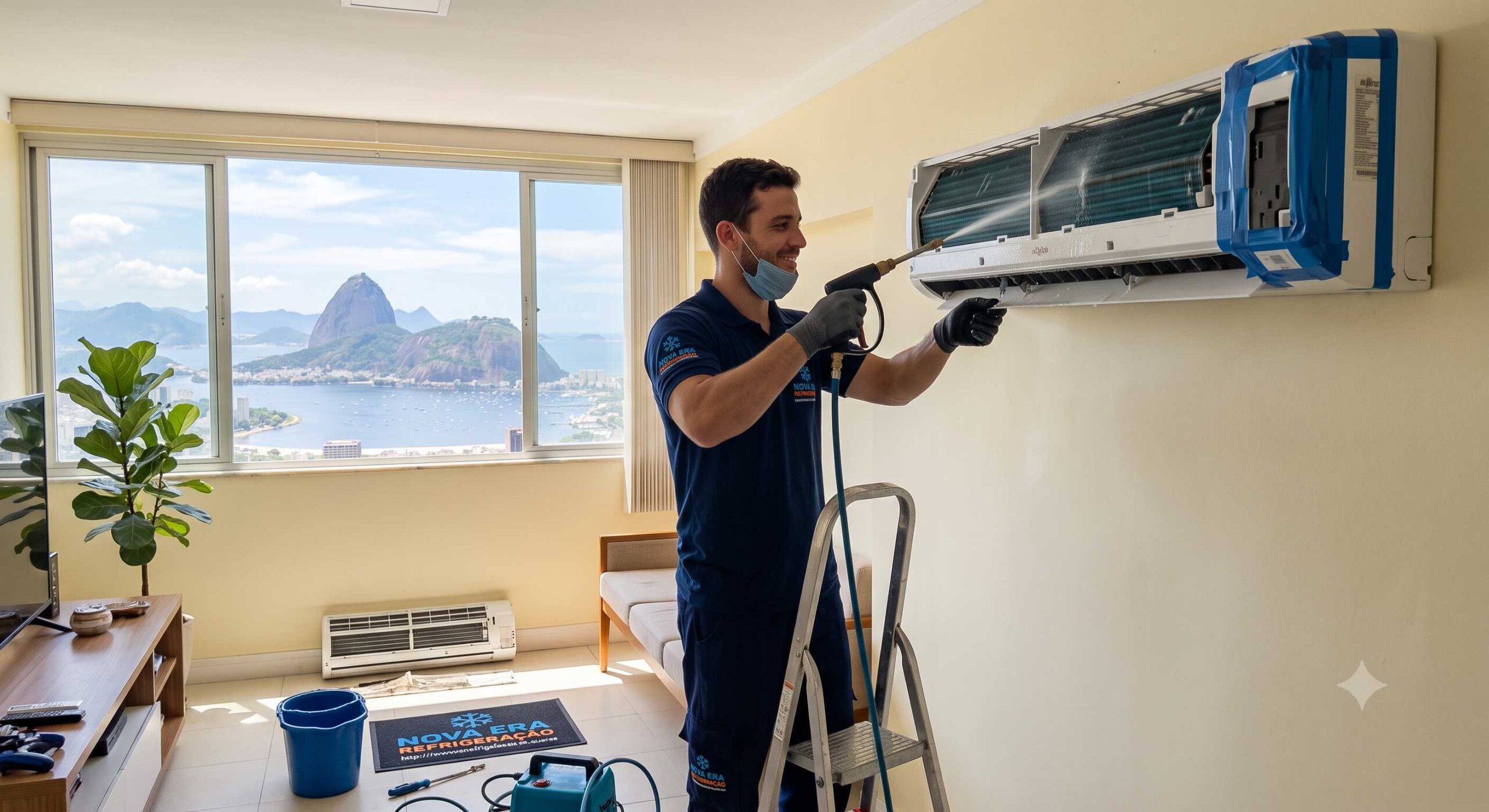Limpeza de Ar Condicionado Split no Rio de Janeiro (Frequência, Preço e Passo a Passo) 1 equipe nova era refrigeração fazendo o conserto de um ar condicionado split no rio de janeiro